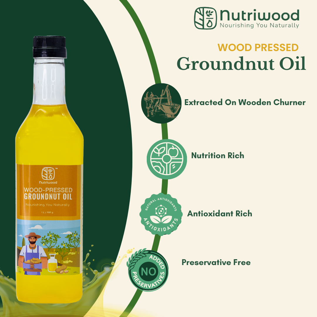 Nutriwood Wood Pressed Groundnut Oil | Traditional Wood Pressed Peanut Cooking Oil | Kolhu/Kacchi Ghani/Chekku | Pure, Natural and Healthy Wood Pressed Groundnut Oil for Cooking