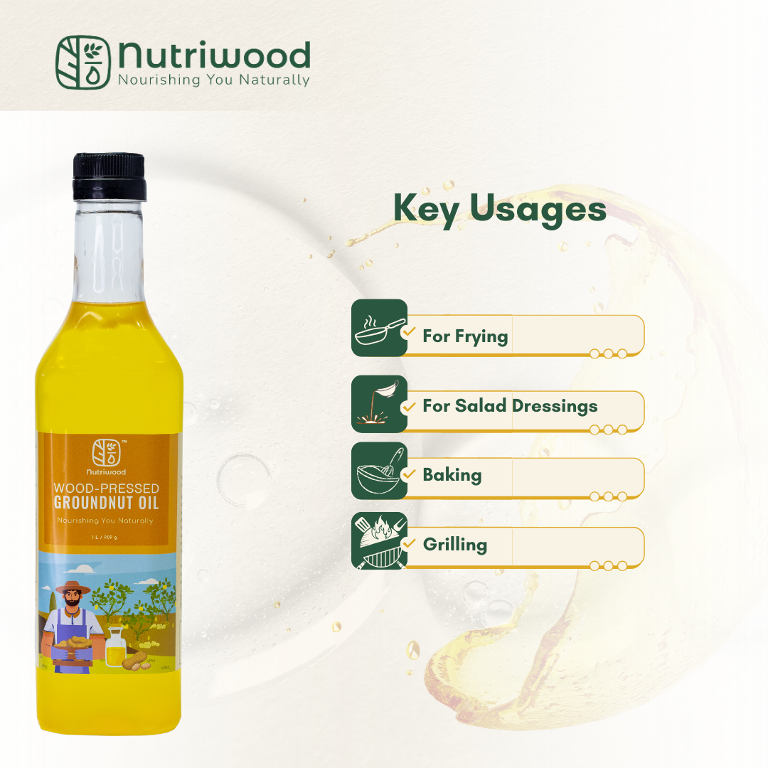 Nutriwood Wood Pressed Groundnut Oil | Traditional Wood Pressed Peanut Cooking Oil | Kolhu/Kacchi Ghani/Chekku | Pure, Natural and Healthy Wood Pressed Groundnut Oil for Cooking