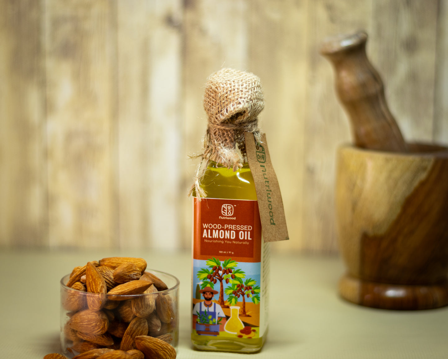 Nutriwood Wood Pressed Almond Oil | Pure Cold Pressed Oil | Pure, Natural |Traditional Wood Pressed | Kolhu/Kacchi Ghani/Chekku |Fights Split Ends & Strengthens Hair | Enriched With Vitamin E | Mineral Oil Free | 100 mL