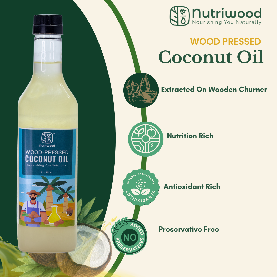 Nutriwood Cold Pressed Coconut Oil | Traditional Wood Pressed Coconut Cooking Oil | Kolhu/Kacchi Ghani/Chekku | Pure, Natural and Healthy Cold Pressed Coconut Oil for Cooking
