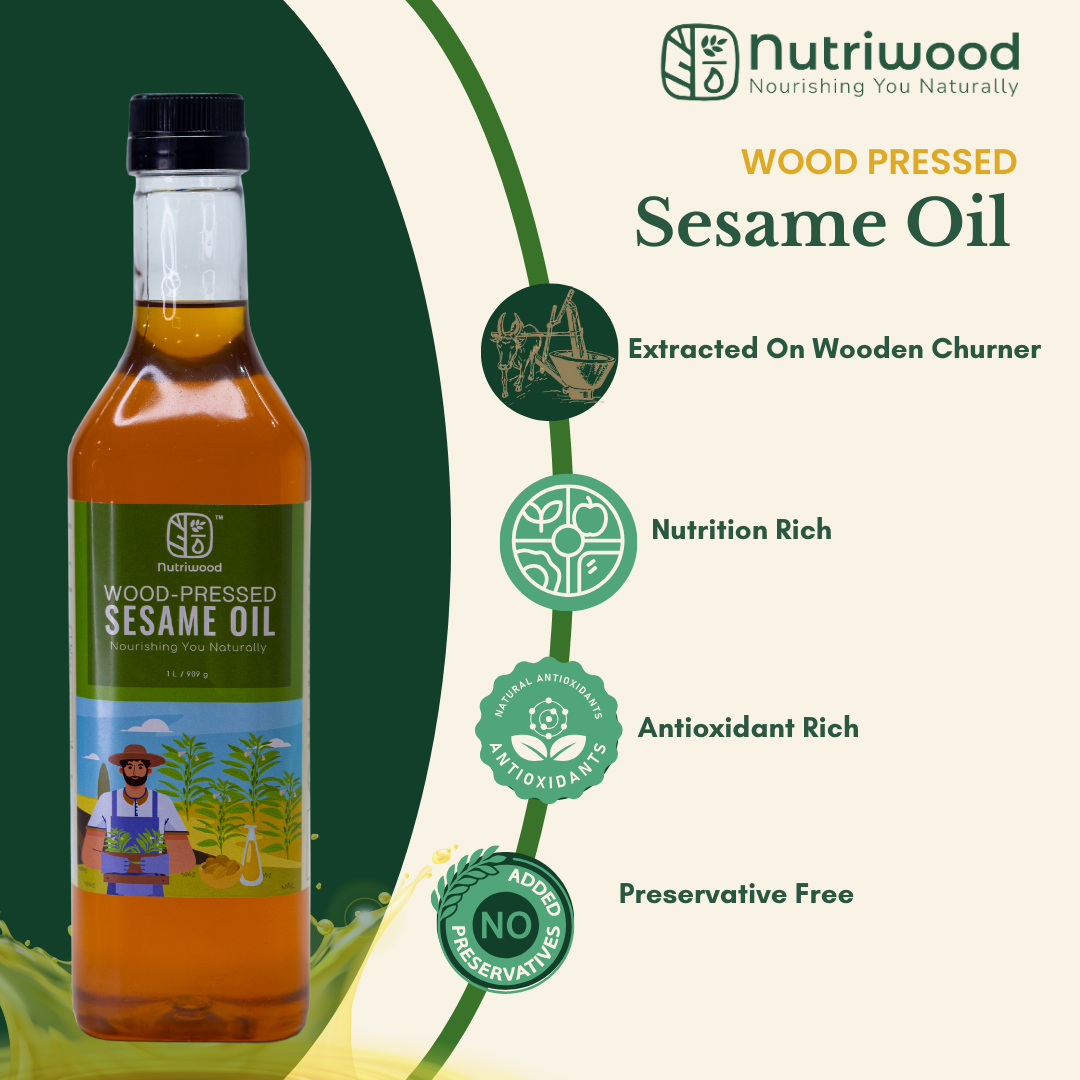 Nutriwood Cold Pressed Sesame Oil | Traditional Wood Pressed Sesame Cooking Oil | Kolhu/Kacchi Ghani/Chekku | Pure, Natural and Healthy Cold Pressed Sesame Oil for Cooking