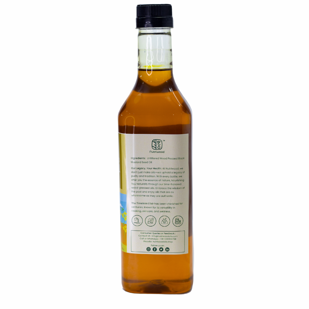 Nutriwood Wood Pressed Black Mustard Oil  Traditional Cold Pressed Unfiltered Cooking Oil | Kolhu/ Kacchi Ghani/ Chekku | Pure, Natural and Healthy Cold Pressed Mustard Oil for Cooking