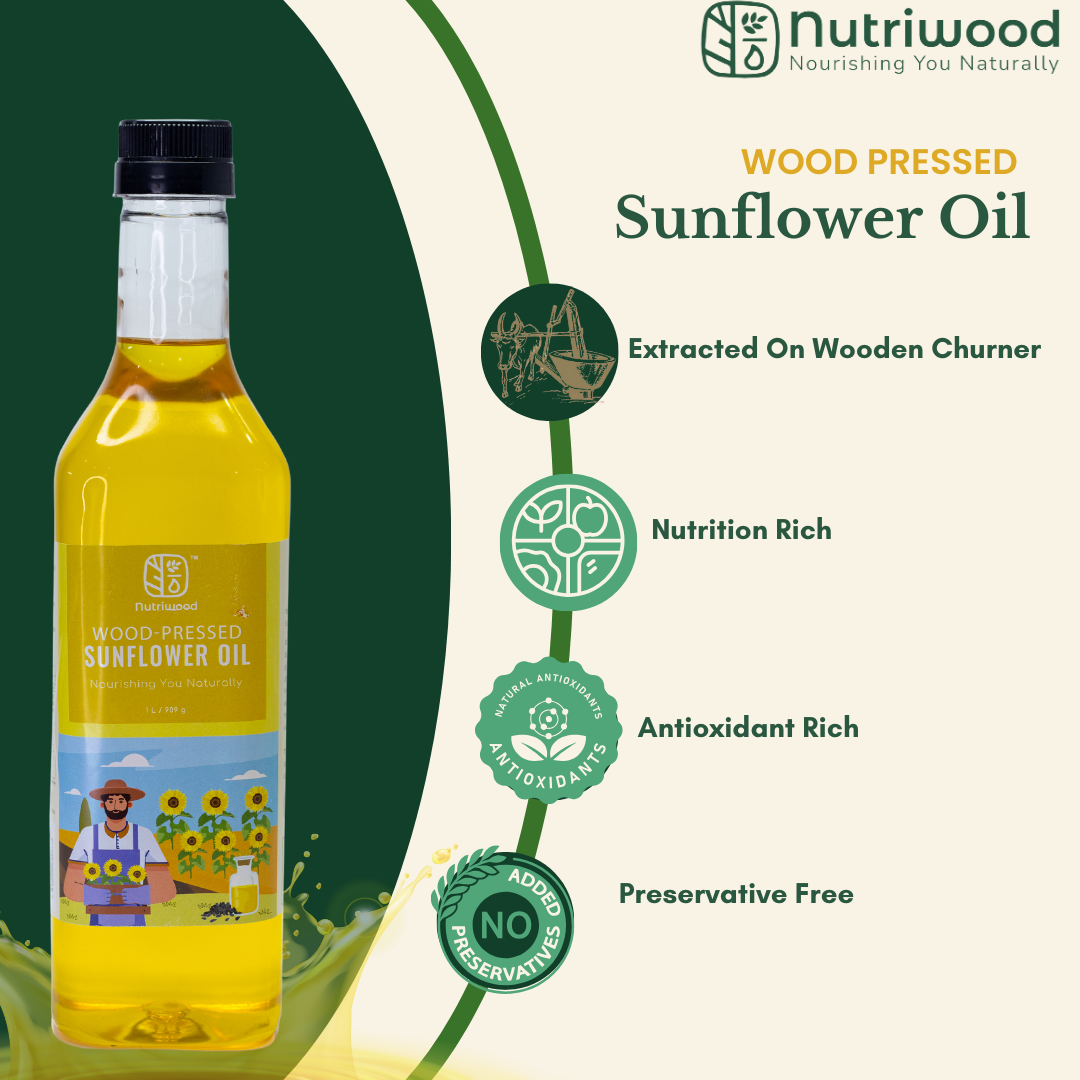 Nutriwood Wood Pressed Sunflower Oil  | Plastic Bottle | Kolhu/Chekku | Extracted on Wooden Churner | Natural | Chemical-Free | Cold Pressed Sunflower Oil for Cooking