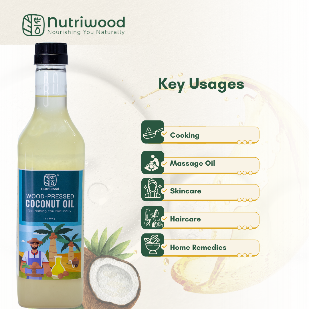 Nutriwood Cold Pressed Coconut Oil | Traditional Wood Pressed Coconut Cooking Oil | Kolhu/Kacchi Ghani/Chekku | Pure, Natural and Healthy Cold Pressed Coconut Oil for Cooking