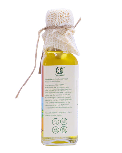Nutriwood Wood Pressed Almond Oil | Pure Cold Pressed Oil | Pure, Natural |Traditional Wood Pressed |  Kolhu/Kacchi Ghani/Chekku |Fights Split Ends & Strengthens Hair | Enriched With Vitamin E | Mineral Oil Free | 100 mL